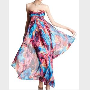 Multicolor Sunset Strapless Empire Silk Gown